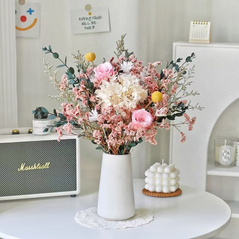 粉玫瑰+白绣球+水晶花束+陶瓷花瓶